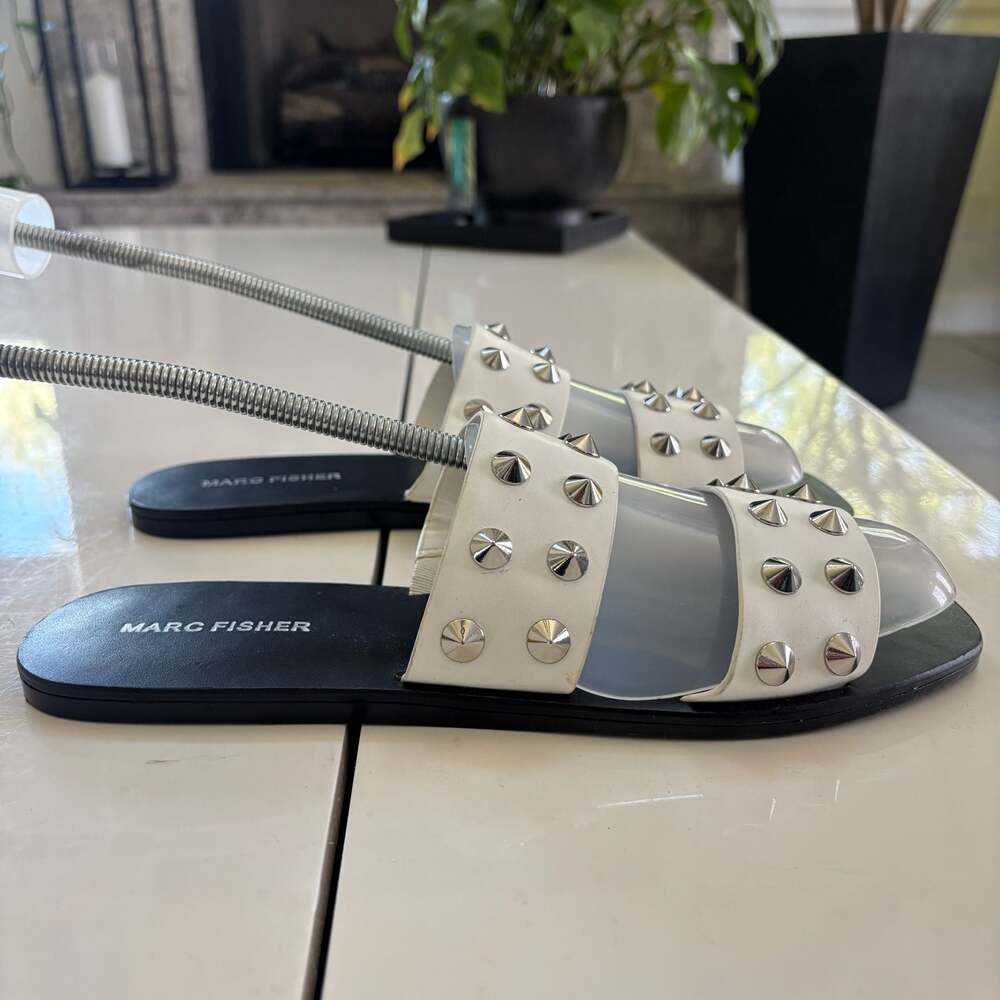 Marc Fisher Bolive White Studded Double Strap Slide Sandals Size 9.5 NEW